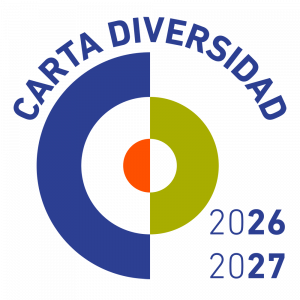 Abstract circular logo with a blue and olive ring, orange center, and curved blue text around the outer edge.