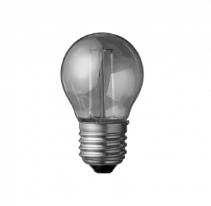Clear glass incandescent light bulb with visible filament and screw base.