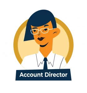 Illustrated portrait of a woman with short dark hair and glasses, wearing a white shirt and navy tie, labeled Account Director badge.