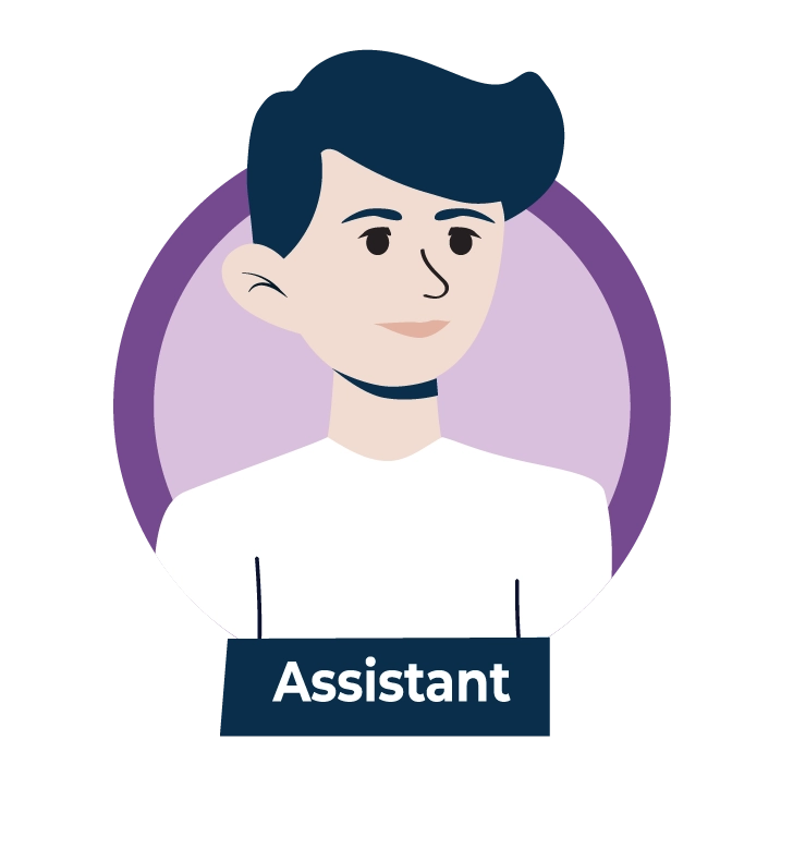 Cartoon avatar of a friendly assistant with dark hair, white shirt, and a badge reading 'Assistant'.
