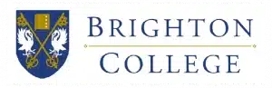 Brighton College logo: blue shield crest with two white birds and a gold book, beside the blue text BRIGHTON COLLEGE with a thin gold line separating the wordmark.
