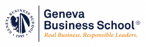 Geneva Business School logo with blue emblem and the orange slogan 'Real Business. Responsible Leaders.'