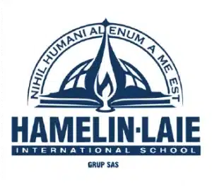 Logo for Hamelin-Laie International School: circular emblem with a flame over an open book, bold 'HAMELIN-LAIE' text and 'INTERNATIONAL SCHOOL' banner, with 'GRUP SAS' below.